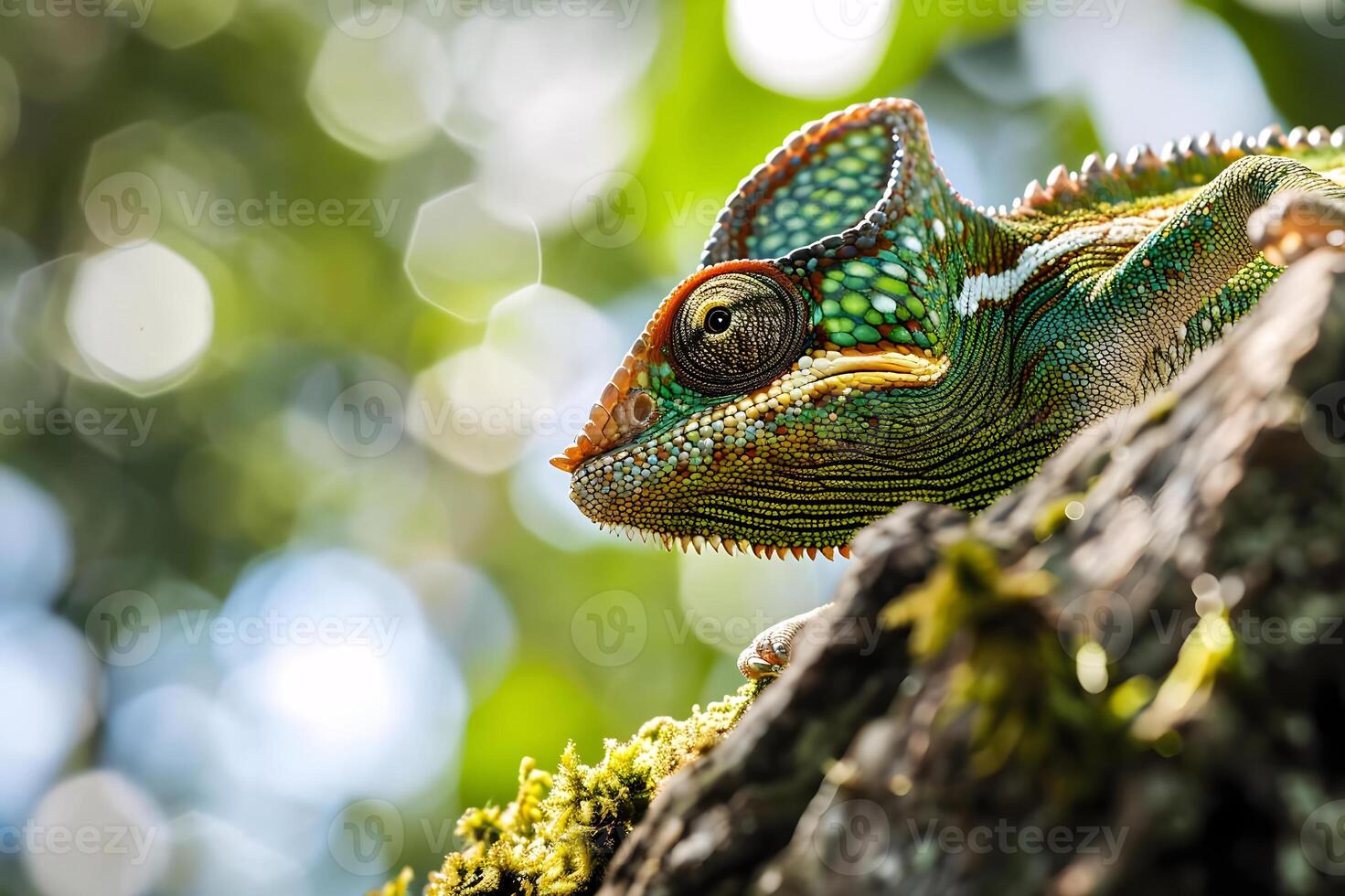 ai gerado uma fechar acima do uma lagarto em uma árvore ramo foto