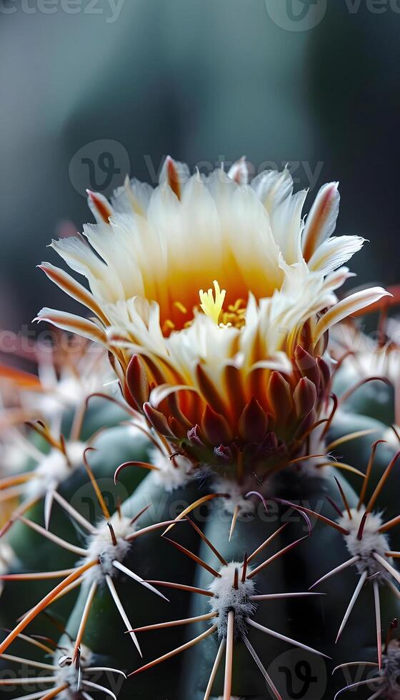 ai gerado uma fechar acima do uma flor em uma cacto foto