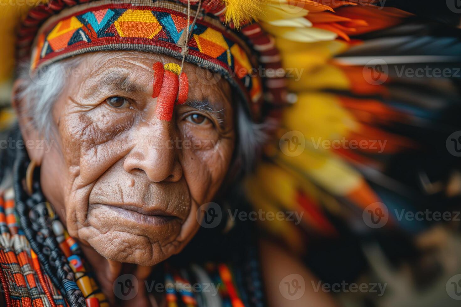 ai gerado retrato do a idosos homem dentro tradicional indígena americano vestuário foto