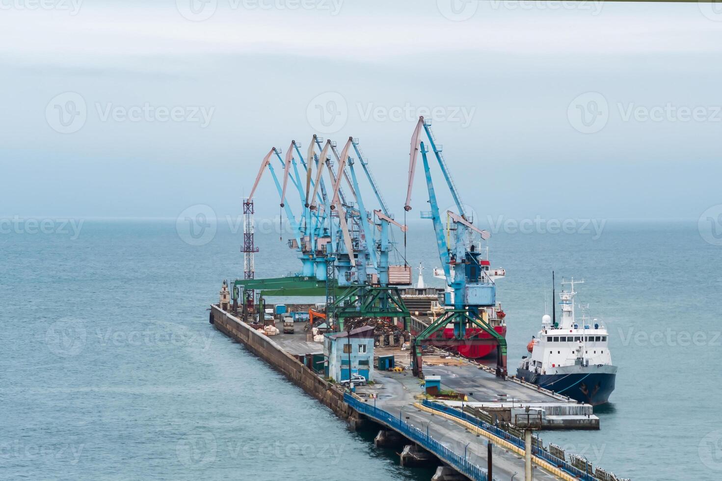 carga atracar com porta guindastes e ancorado navios contra a pano de fundo do a aberto mar foto