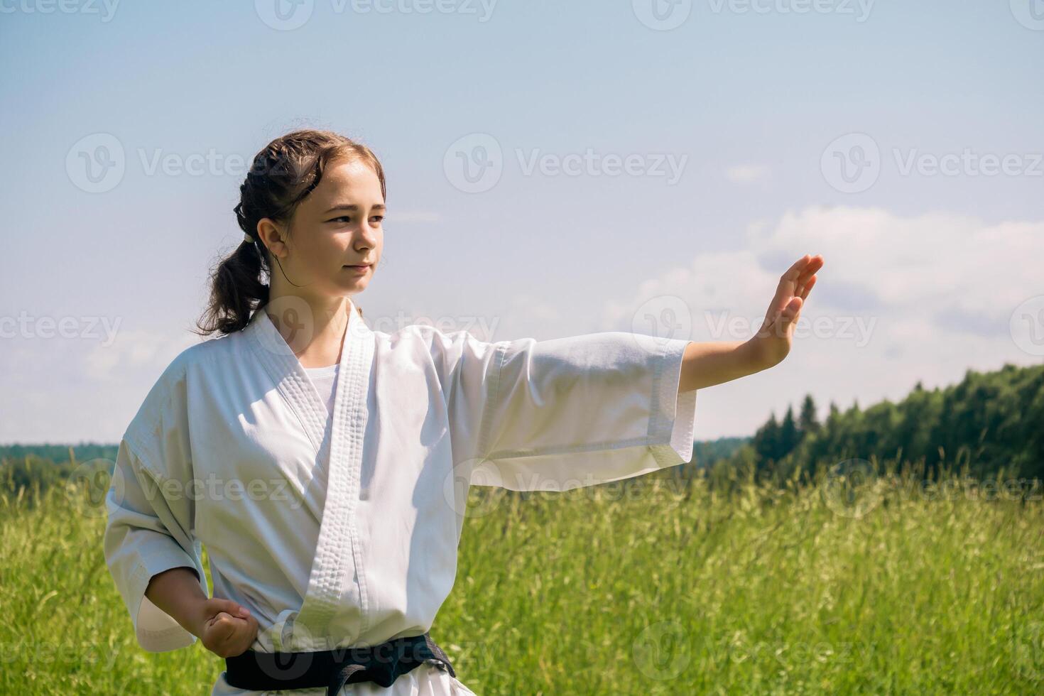 retrato do uma adolescente menina Treinamento karatê kata ao ar livre foto