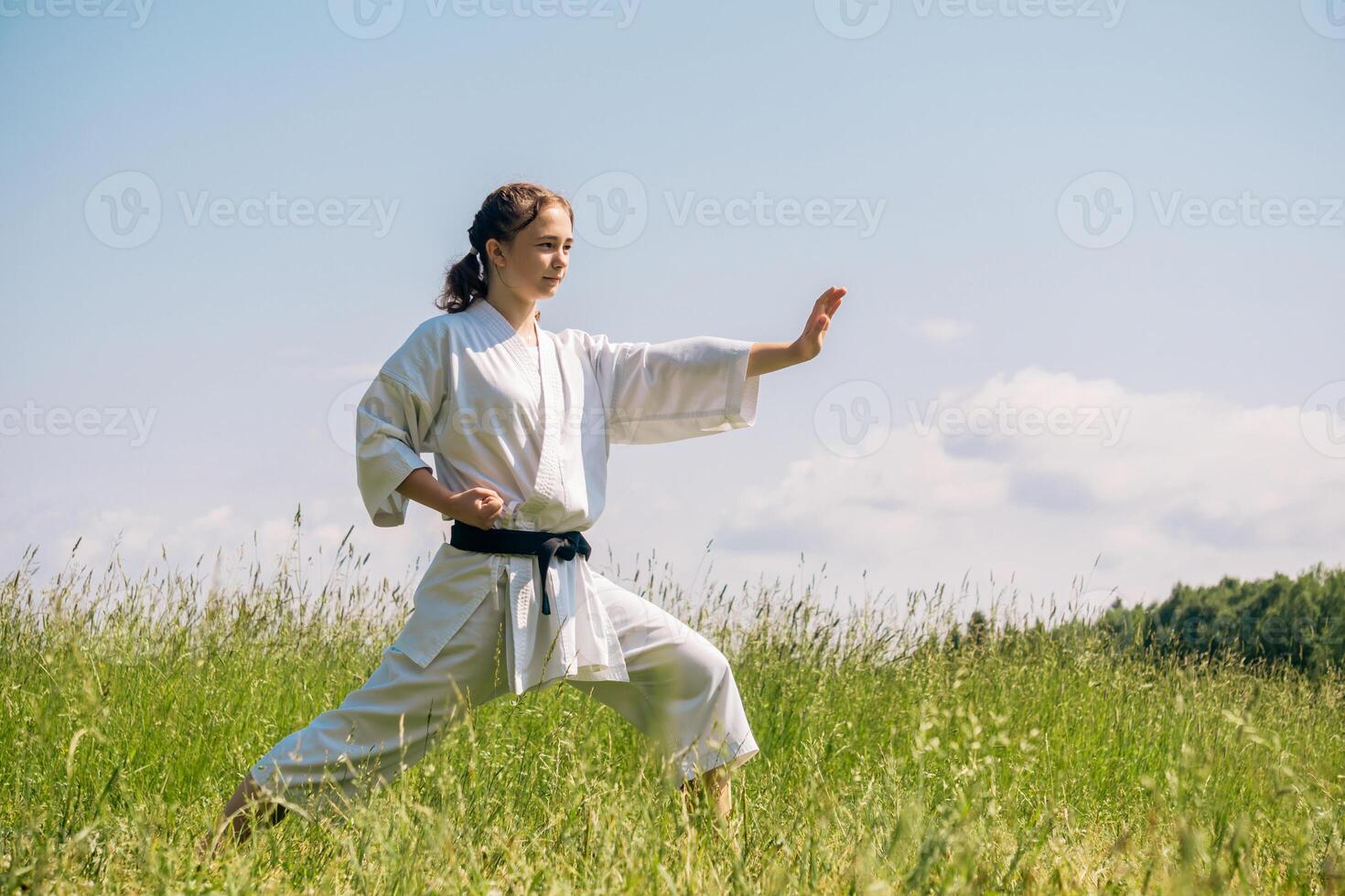 adolescente menina Treinamento karatê kata ao ar livre foto