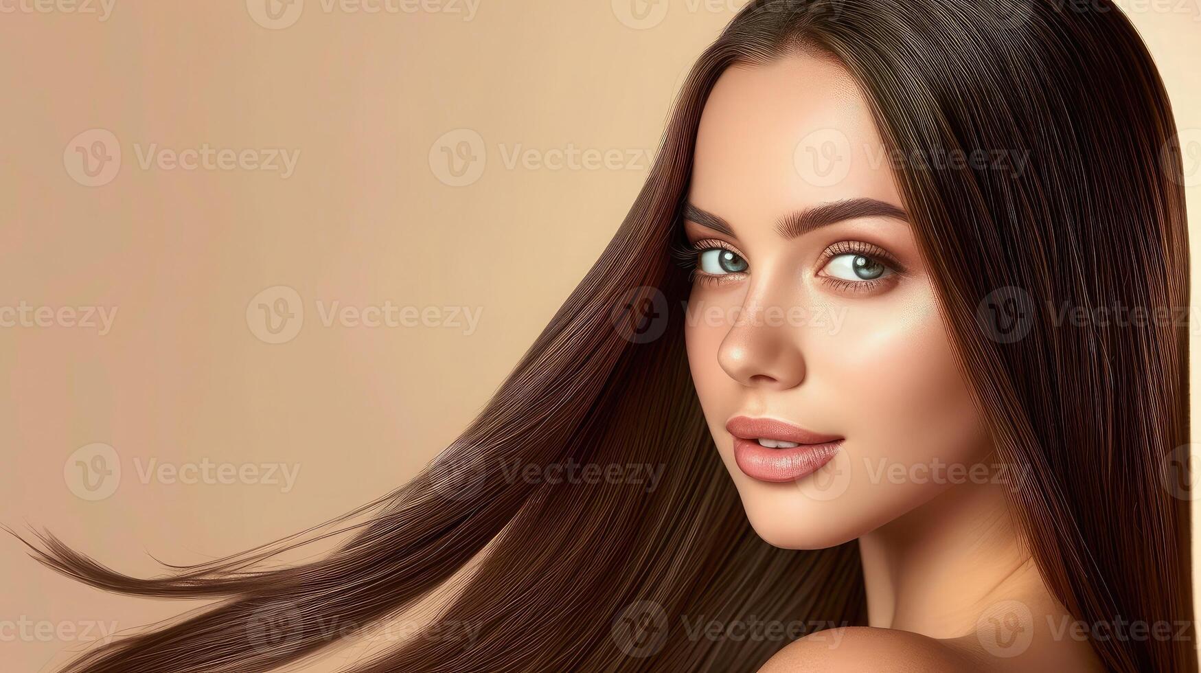 ai gerado brilhante cabelo beleza mulher. morena modelo mostrando lustroso sedoso em linha reta Penteado. moda menina retrato com natural faço acima e penteado sobre bege fundo foto