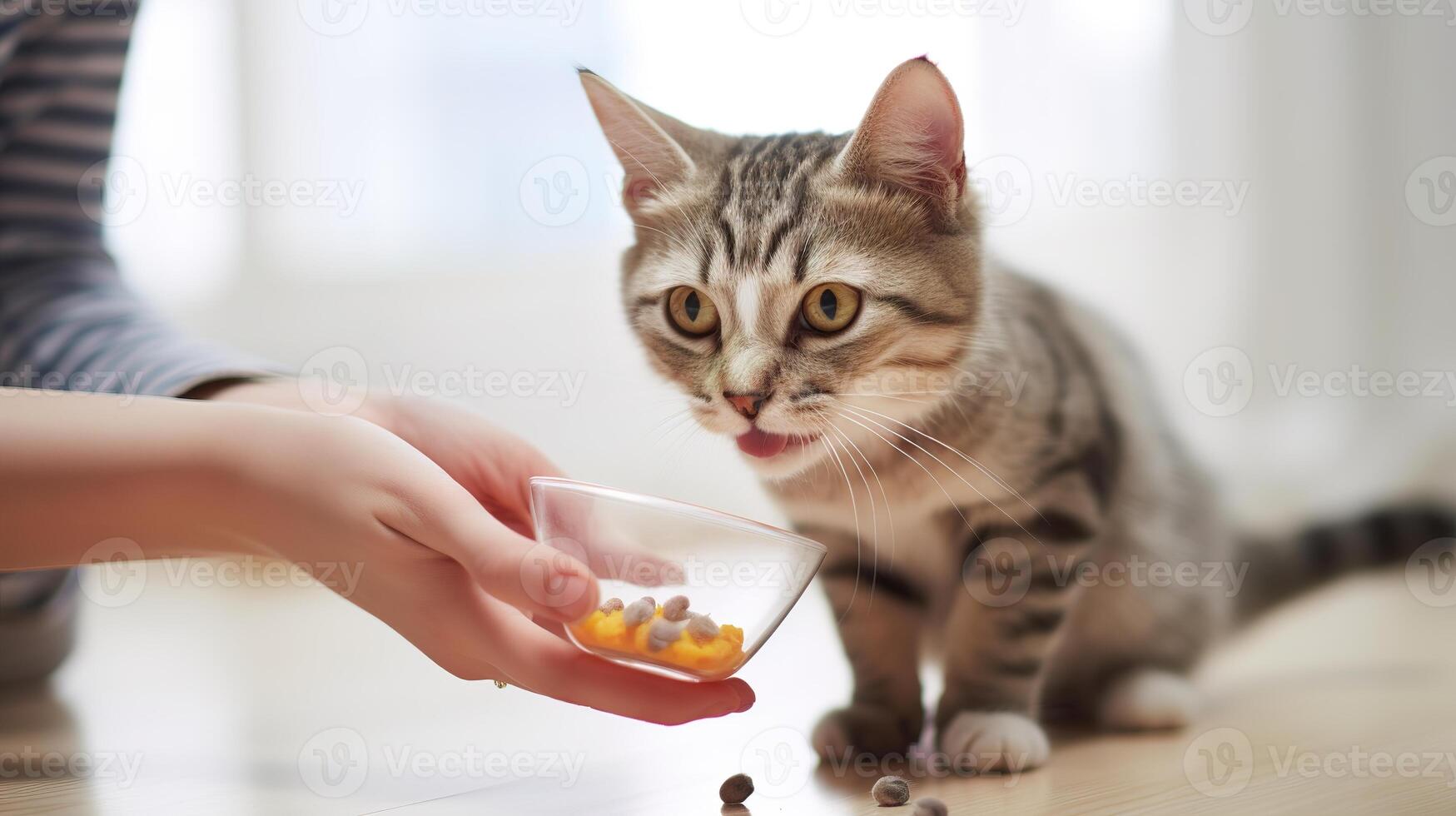 ai gerado jovem mulher alimentando gato com Comida às lar. foco em gato. foto