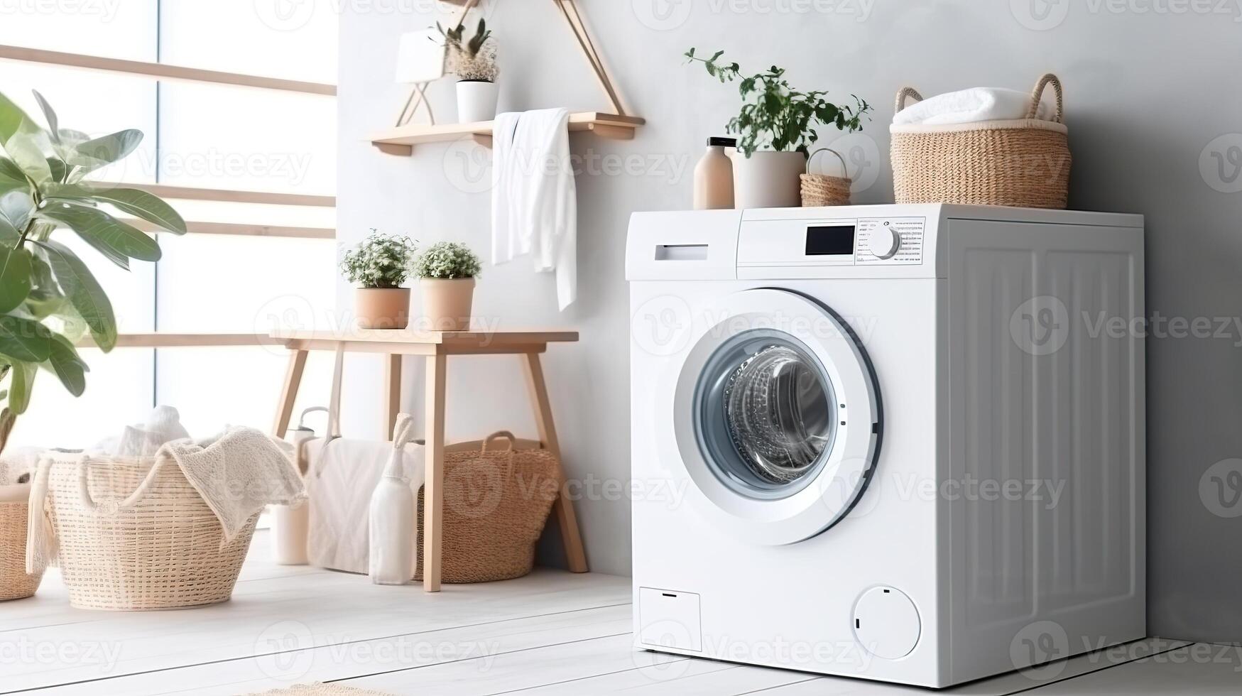 ai gerado moderno lavando máquina dentro lavanderia quarto interior. lavanderia dia conceito foto
