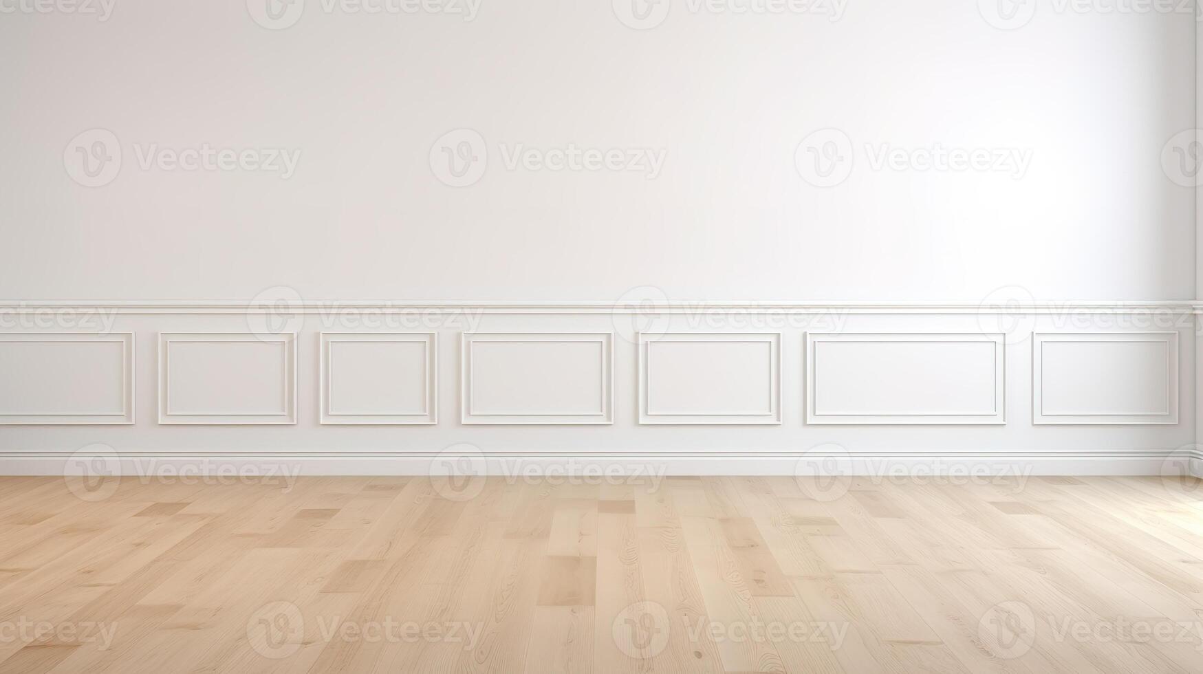 ai gerado branco parede e de madeira chão dentro esvaziar quarto foto
