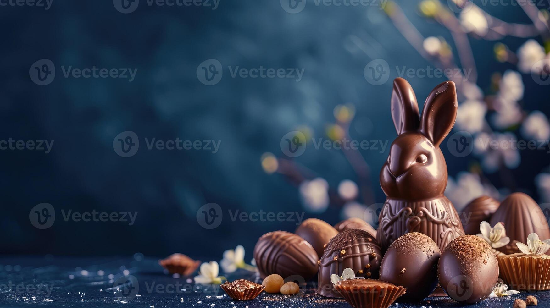 ai gerado delicioso chocolate Páscoa ovos ,coelhinho e doces em Sombrio azul fundo foto