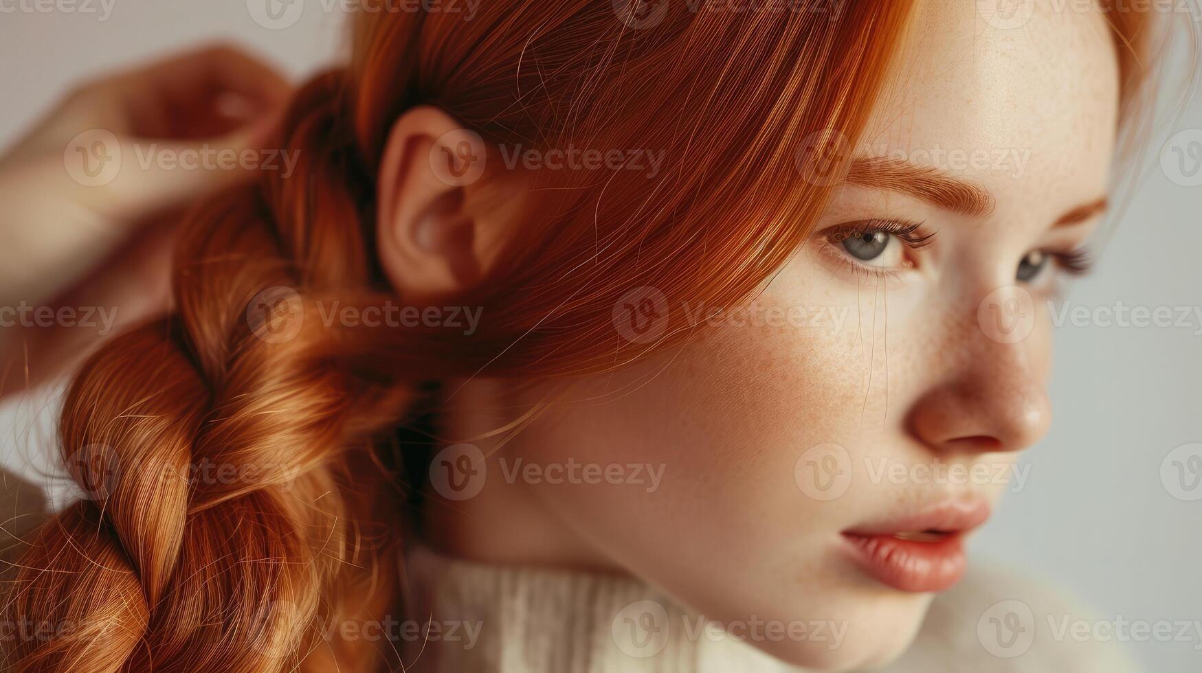 ai gerado lindo, ruivo menina com grandes cabelo, cabeleireiro tece uma francês trança, dentro uma beleza salão. profissional cabelo Cuidado e criando penteados. foto