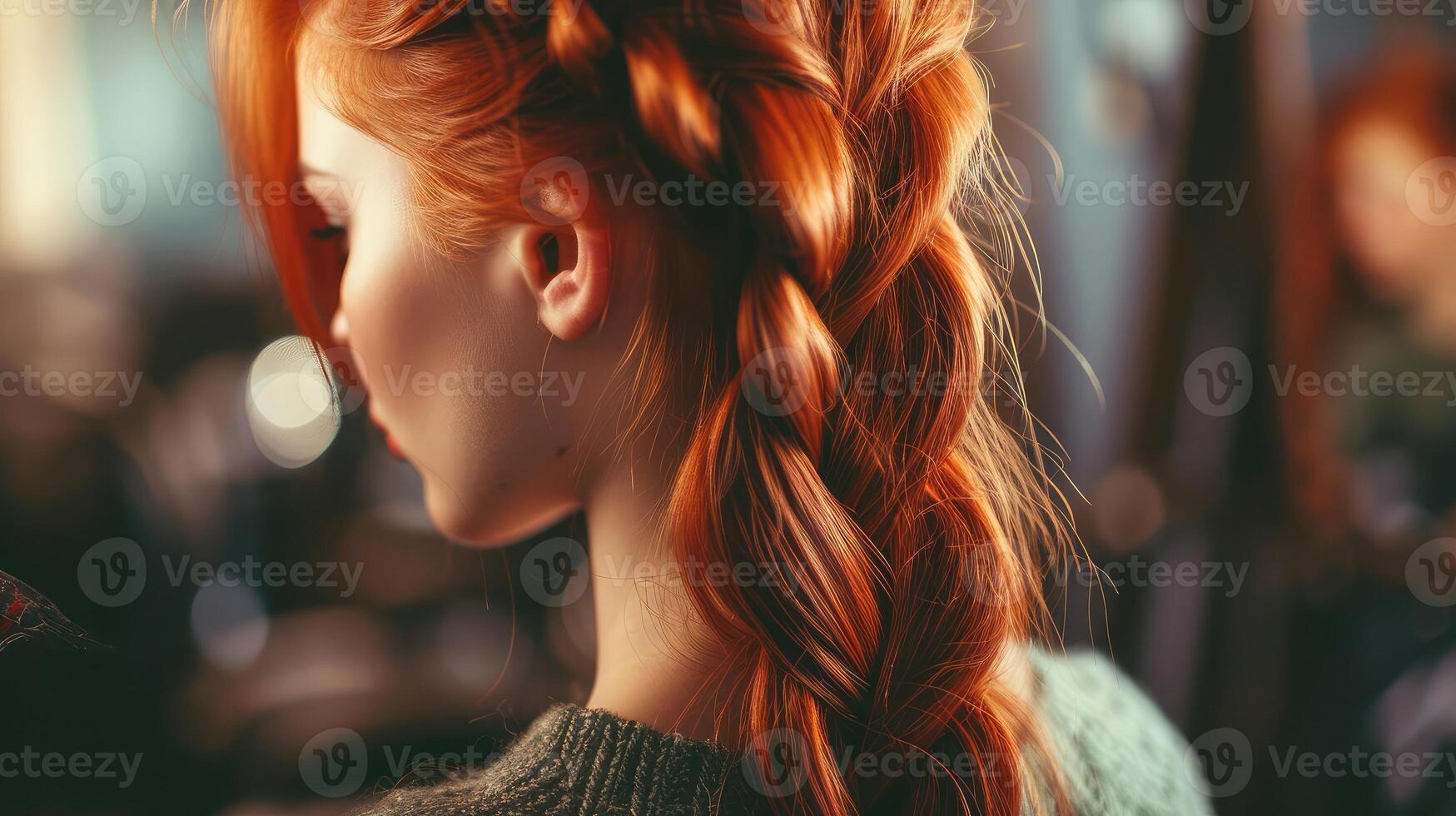 ai gerado lindo, ruivo menina com grandes cabelo, cabeleireiro tece uma francês trança, dentro uma beleza salão. profissional cabelo Cuidado e criando penteados. foto