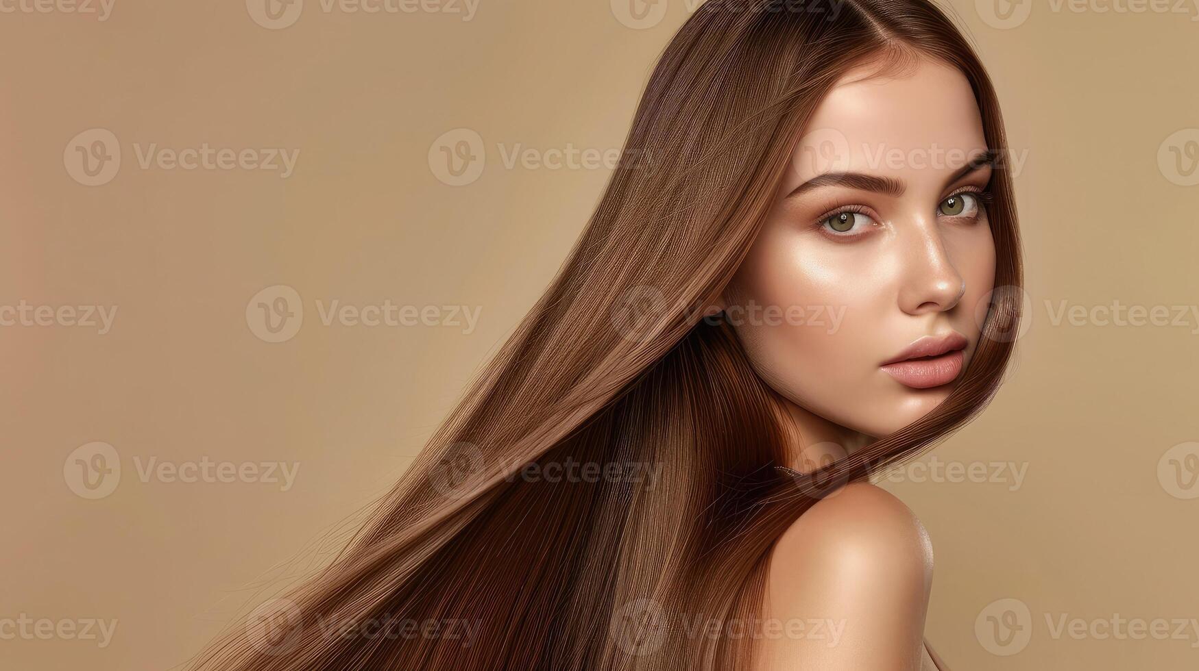 ai gerado lindo modelo menina com brilhante Castanho e em linha reta grandes cabelo . queratina endireitar . tratamento, Cuidado e spa procedimentos. suave Penteado foto