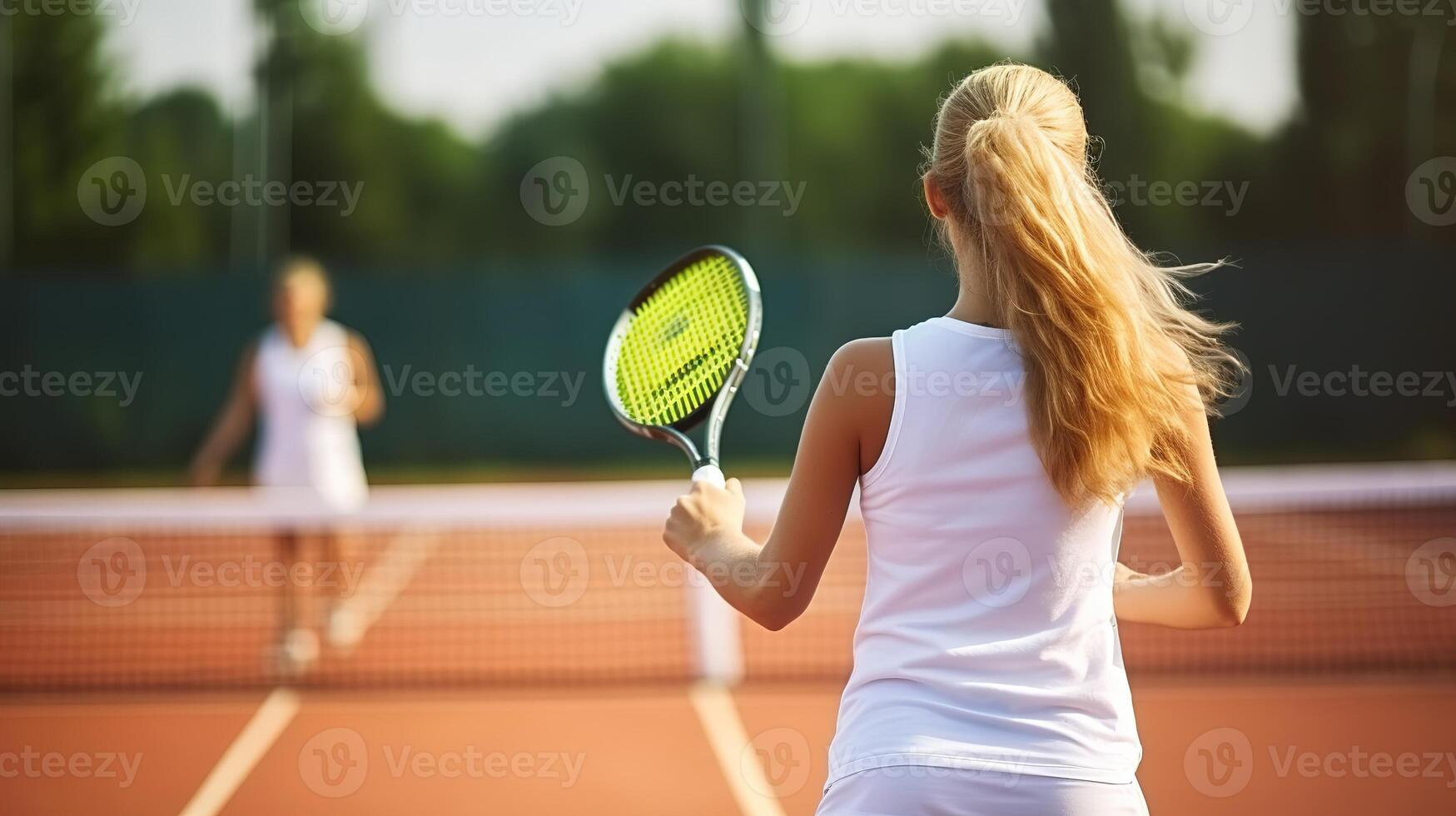 ai gerado jovem mulher jogando tênis em a tribunal. esporte e saudável estilo de vida. foto