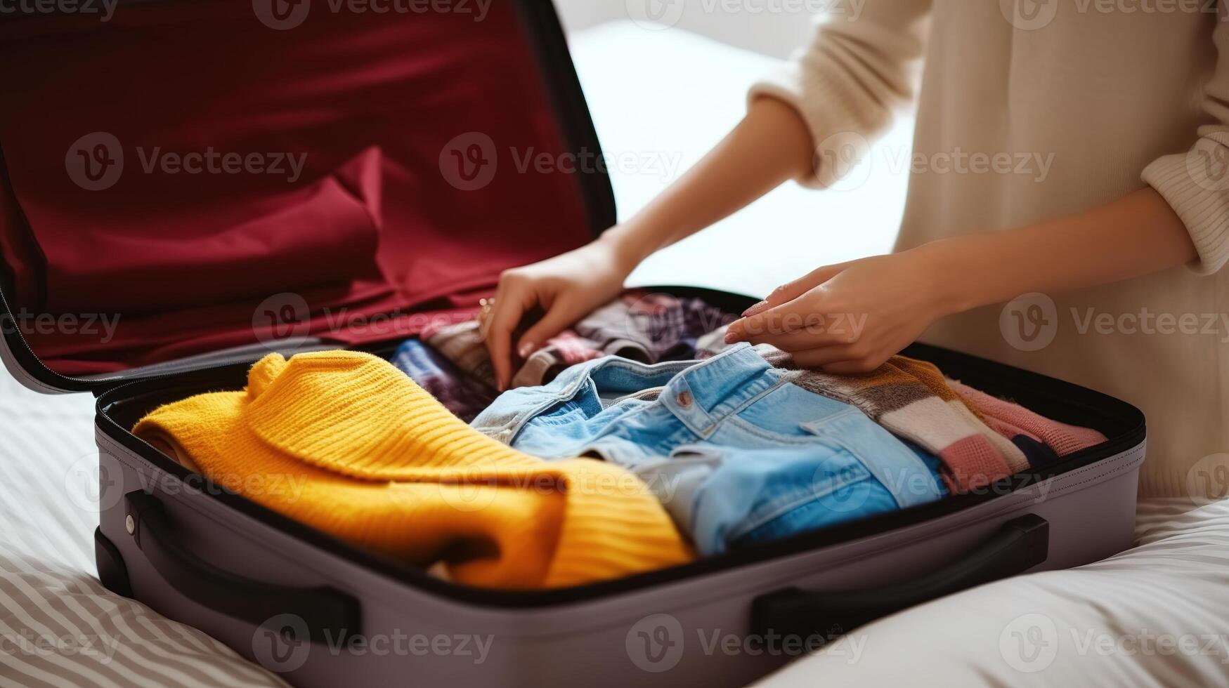 ai gerado cortada imagem do jovem mulher embalagem roupas para dentro viagem mala de viagem às casa foto