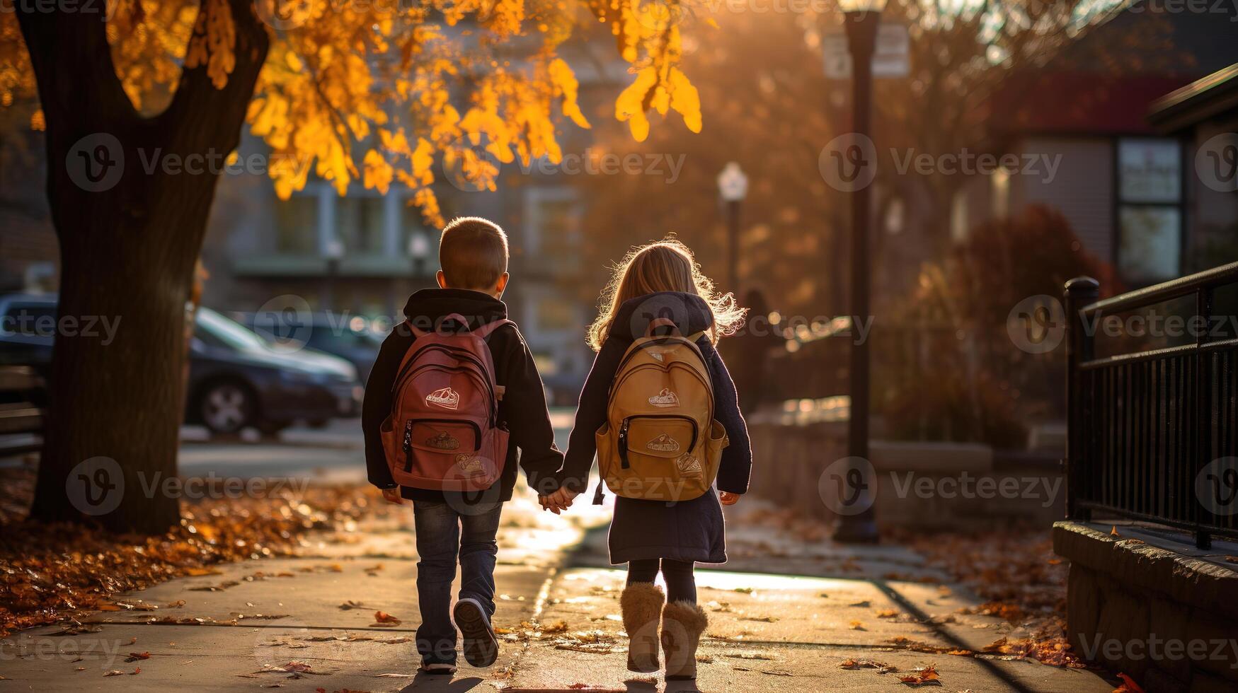 dois pequeno crianças, Garoto e garota, com mochilas e mochilas, caminhando dentro a parque em uma ensolarado outono dia foto