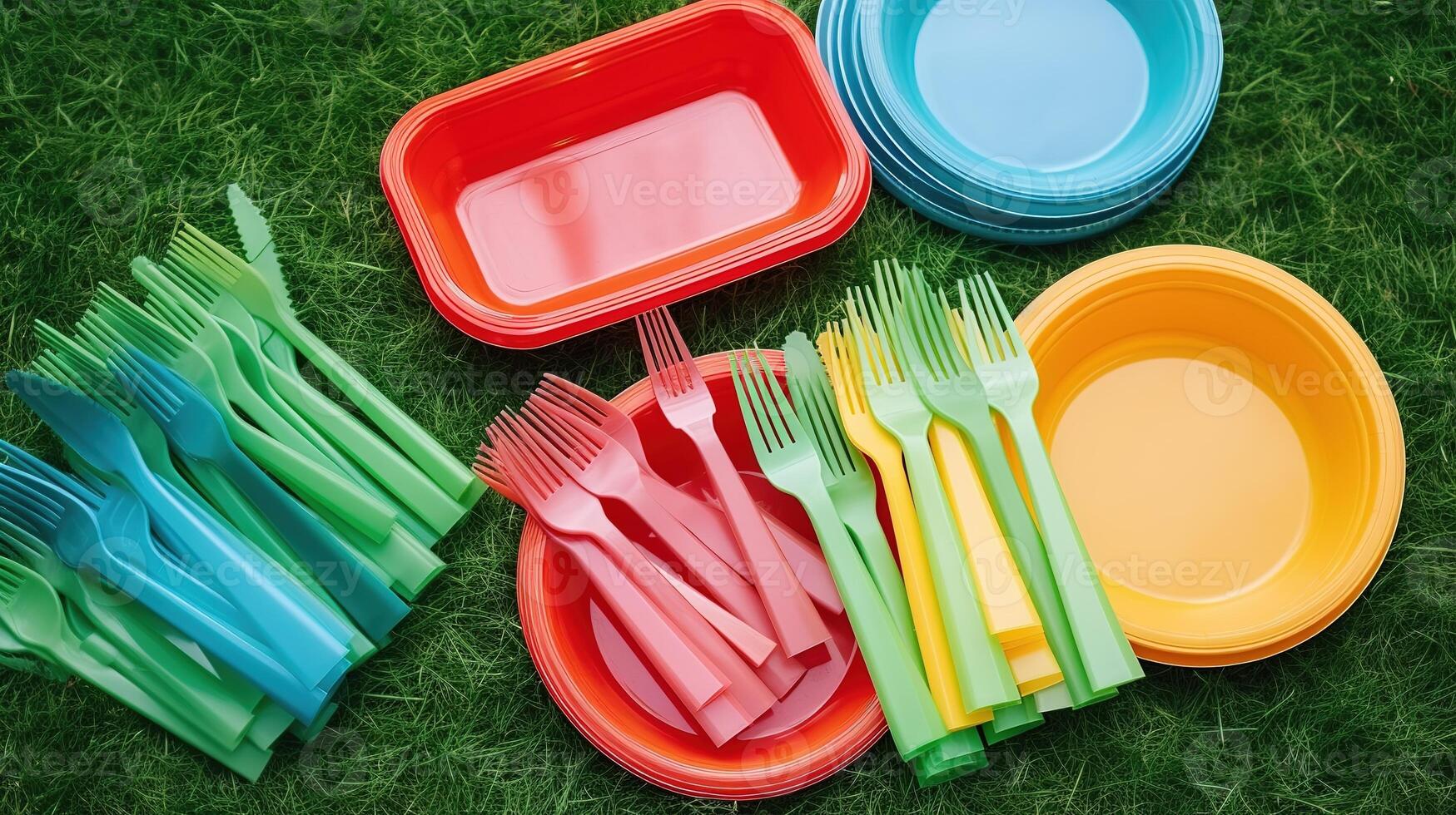 plástico talheres em verde grama, fechar-se. reciclando conceito foto