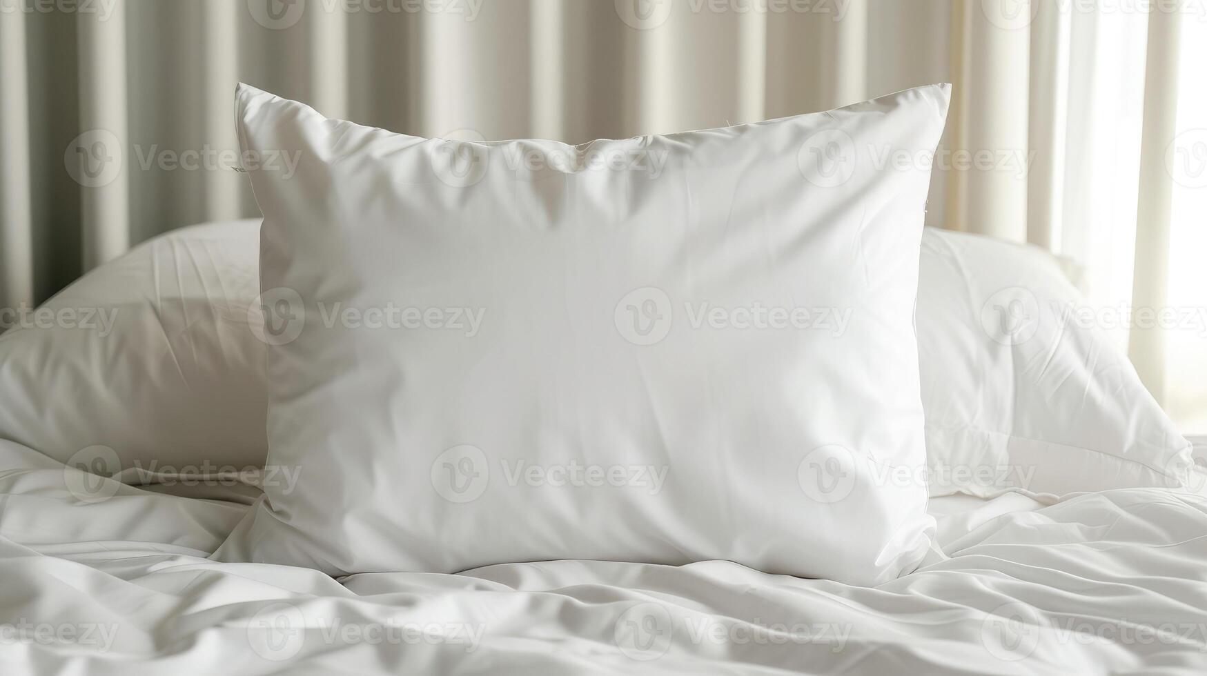 ai gerado branco travesseiro caso brincar modelo. em branco suave travesseiro em a cama dentro quarto foto