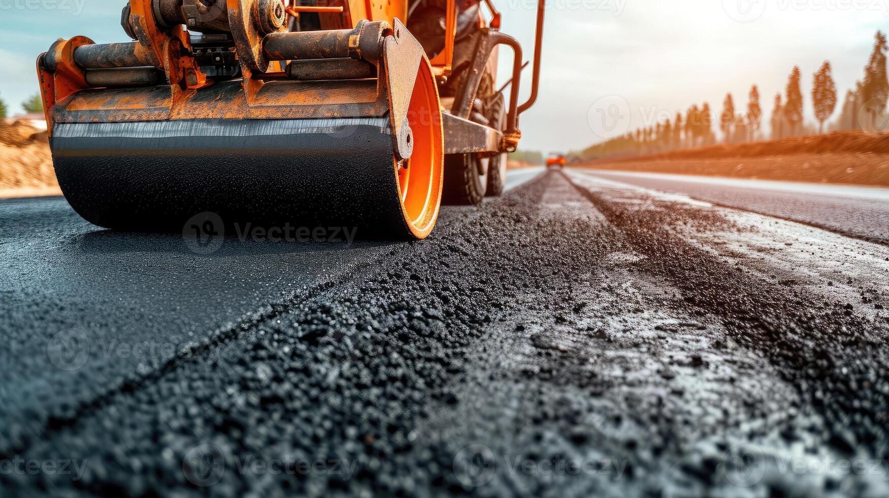 ai gerado rolo rolando fresco quente asfalto em a Novo estrada. estrada construção. foto