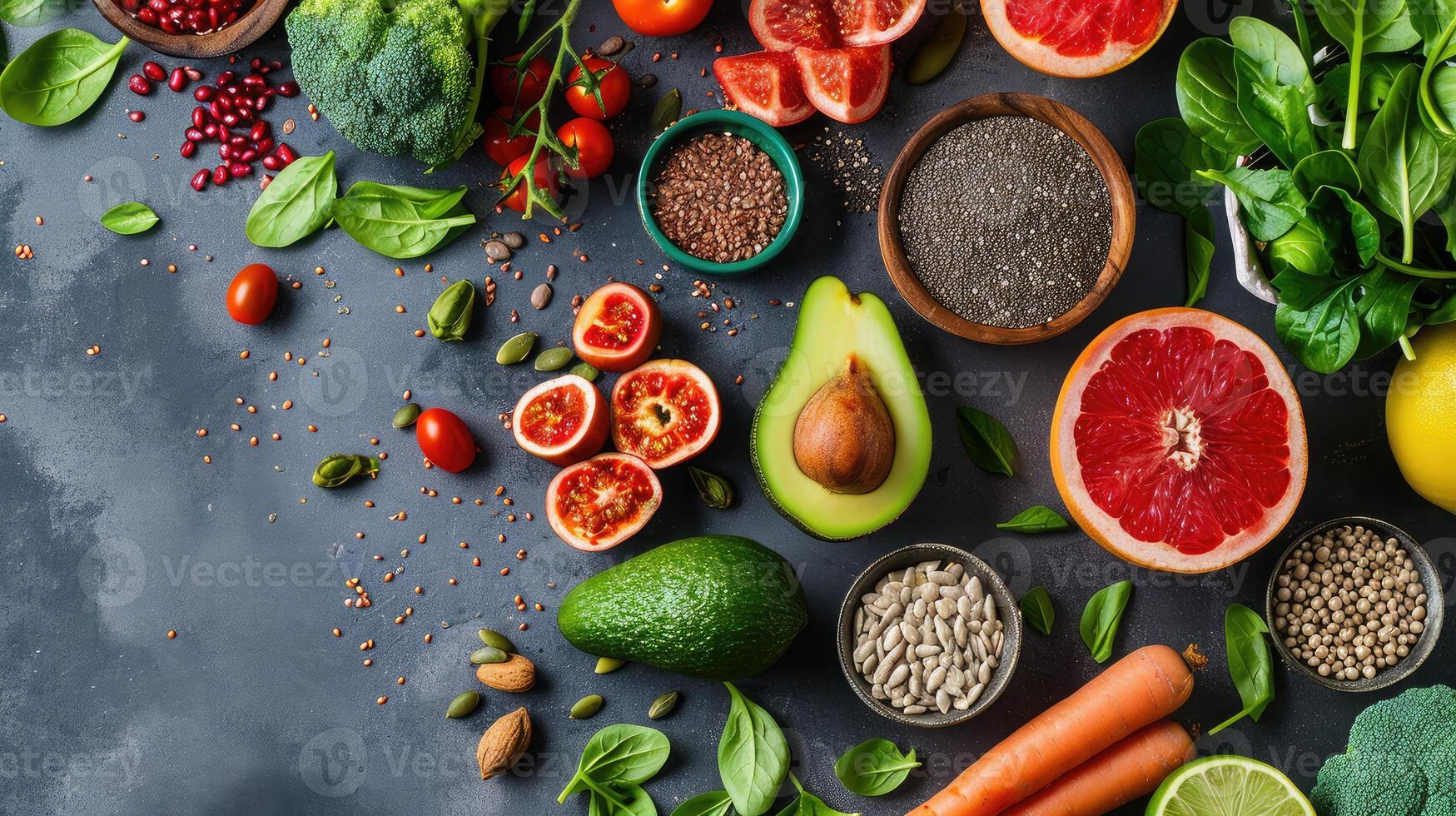 ai gerado diferente vegetais, sementes e frutas em cinzento mesa, plano deitar. saudável dieta foto