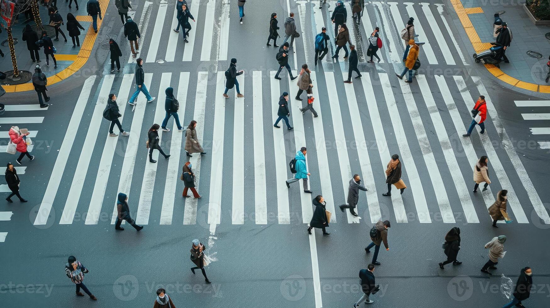 ai gerado a partir de a topo Visão do pessoas andar em rua pedestre cruzamento dentro a cidade rua ,pássaro olho visualizar. foto