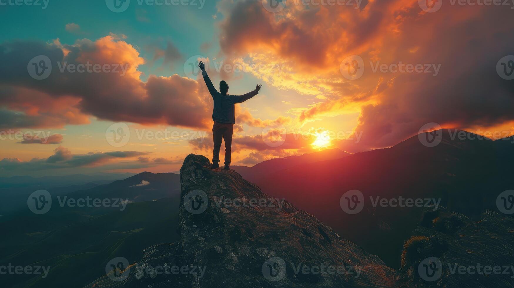 ai gerado cópia de espaço do homem subir mão acima em topo do montanha e pôr do sol céu abstrato fundo. liberdade e viagem aventura conceito. foto