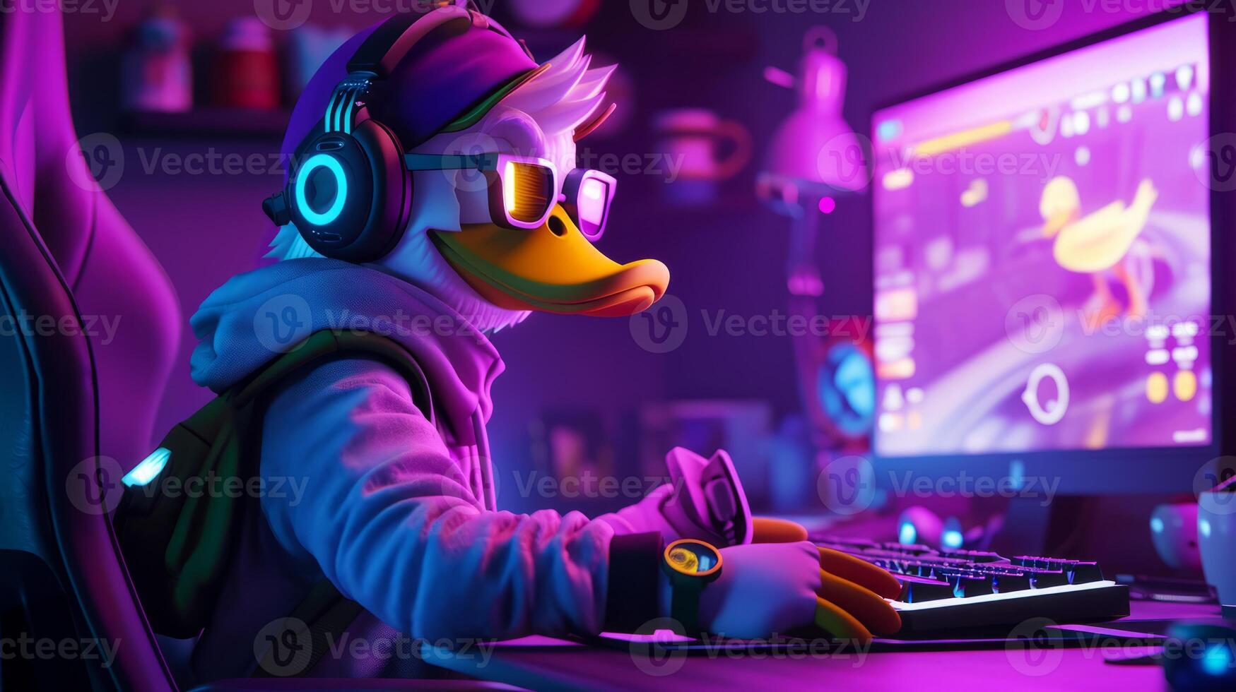 ai gerado 3d Pato mascote esport jogador. patinho jogos personagem fundo, esport equipe ilustração foto