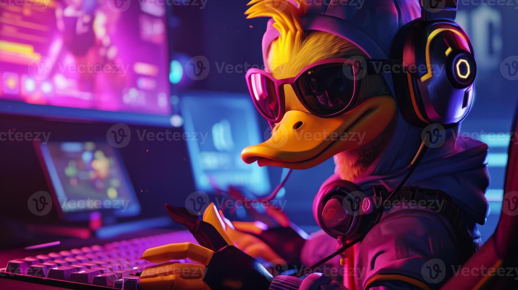 ai gerado 3d Pato mascote esport jogador. patinho jogos personagem fundo, esport equipe ilustração foto