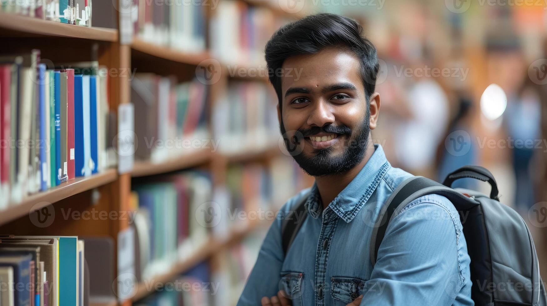 ai gerado retrato do alegre masculino internacional indiano aluna com mochila, Aprendendo acessórios em pé perto estantes de livros às universidade biblioteca foto