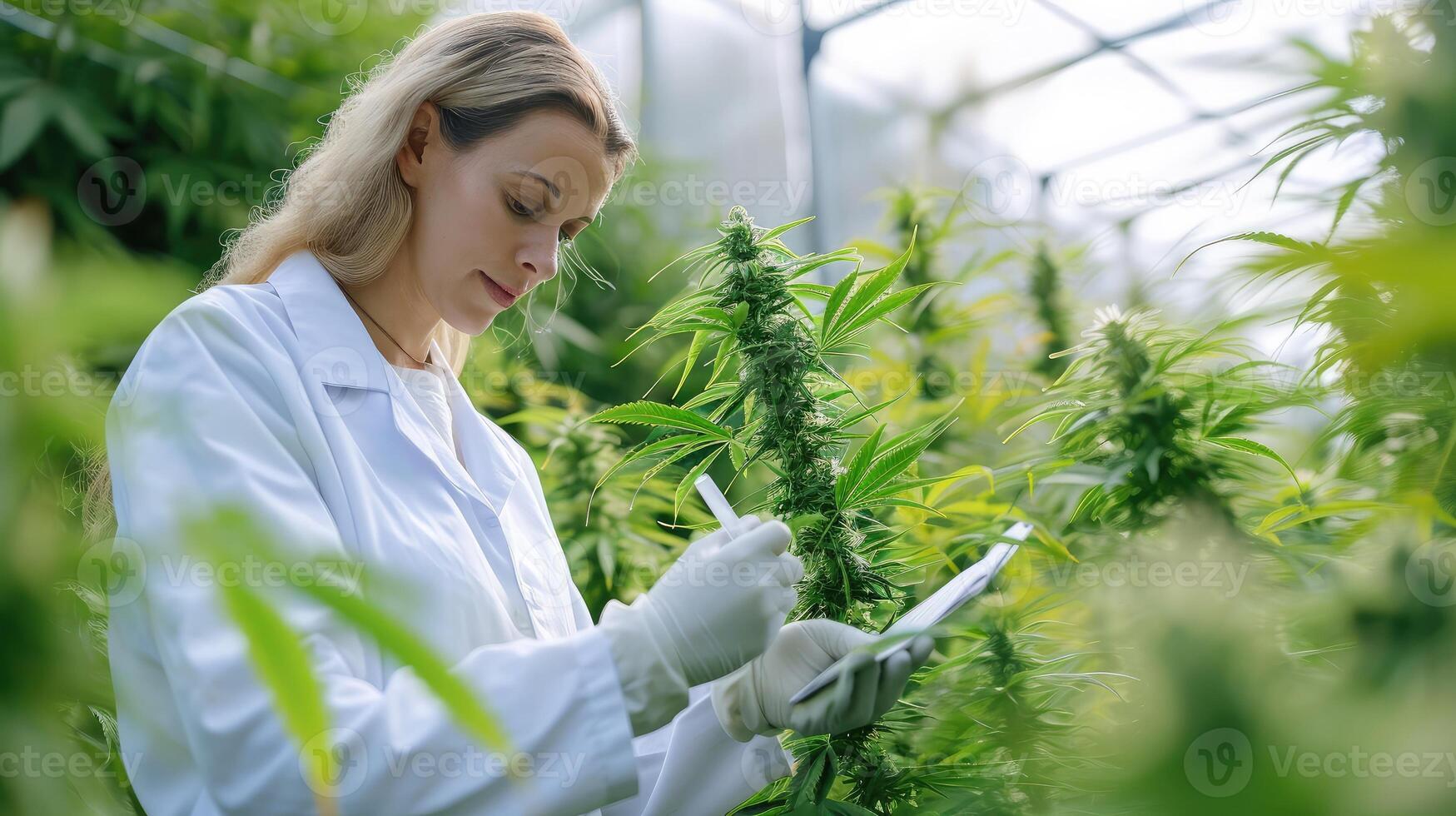 ai gerado pesquisadores pesquisa e registro dados a partir de cannabis plantas em cânhamo fazendas. médico maconha, foto