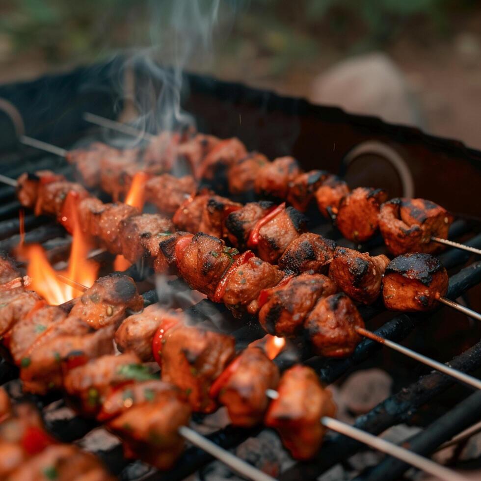 ai gerado chefe de cozinha prepara shish Kebab em a grade, fumaça Aumentar tentadoramente para social meios de comunicação postar Tamanho foto