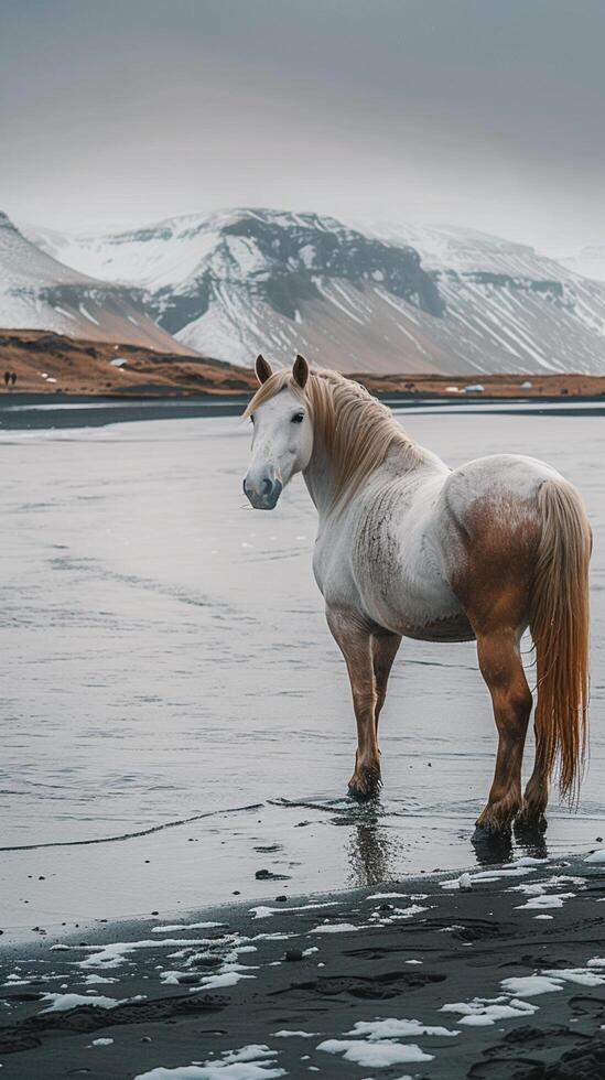 ai gerado cavalo carrinhos contra tirar o fôlego islandês pano de fundo, criando deslumbrante panorama vertical Móvel papel de parede foto