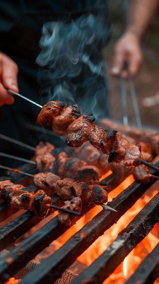 ai gerado chefe de cozinha prepara shish Kebab em a grade, fumaça Aumentar tentadoramente vertical Móvel papel de parede foto