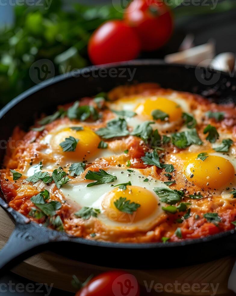 ai gerado Shakshuka com ovo em topo dentro Preto panela foto