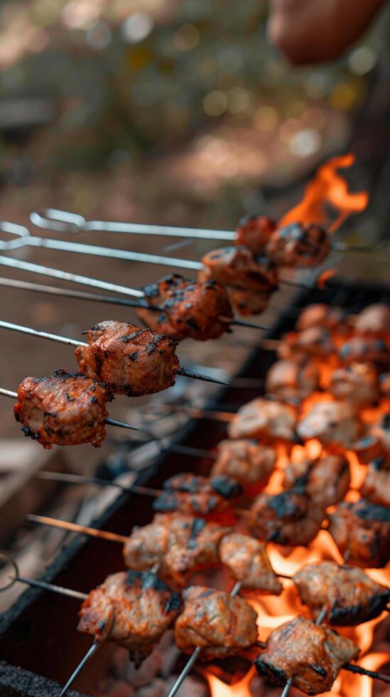 ai gerado ao ar livre cozinhando cara churrasco shish Kebab em quente grade vertical Móvel papel de parede foto