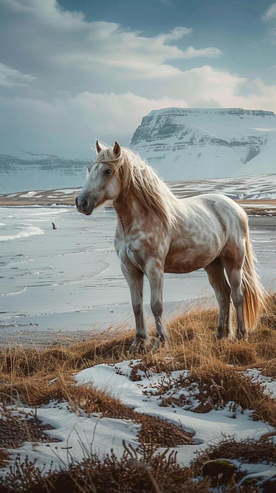 ai gerado icônico islandês panorama apresentando majestoso cavalo no meio deslumbrante cenário vertical Móvel papel de parede foto