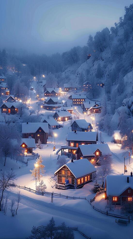 ai gerado neve coberto Vila brilha encantadoramente debaixo período noturno iluminação vertical Móvel papel de parede foto