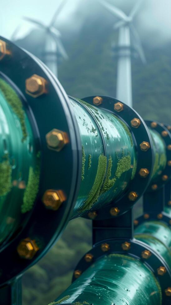 ai gerado fechar acima do hidrogênio gasoduto simboliza verde energia Produção com turbinas vertical Móvel papel de parede foto
