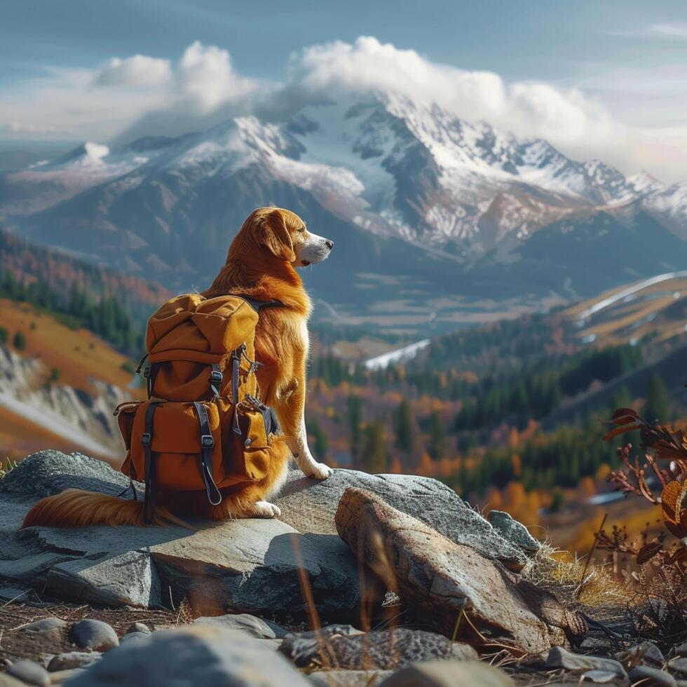 ai gerado aventura espera cachorro com mochila explora majestoso montanha cenário para social meios de comunicação postar Tamanho foto