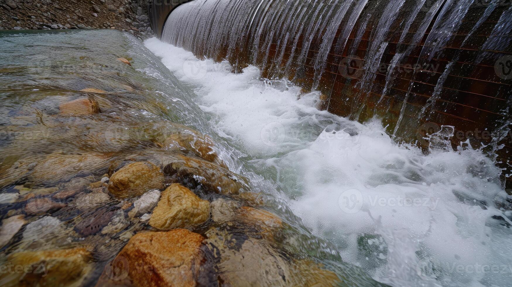 ai gerado Claro água fresca derramar sobre a arredondado barragem arestas. a transbordar exitos pedras. foto