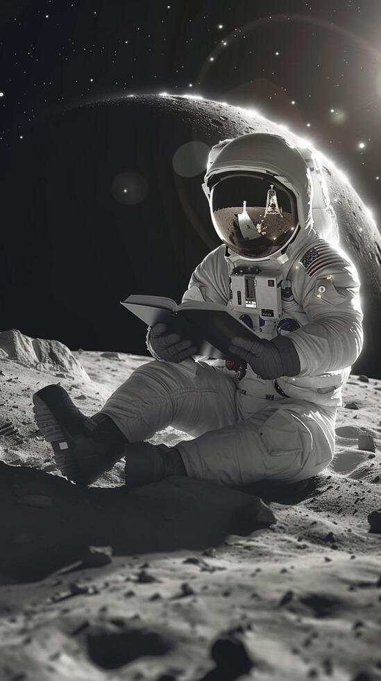 ai gerado lunar alfabetização astronauta absorta dentro lendo em a tranquilo lua vertical Móvel papel de parede foto