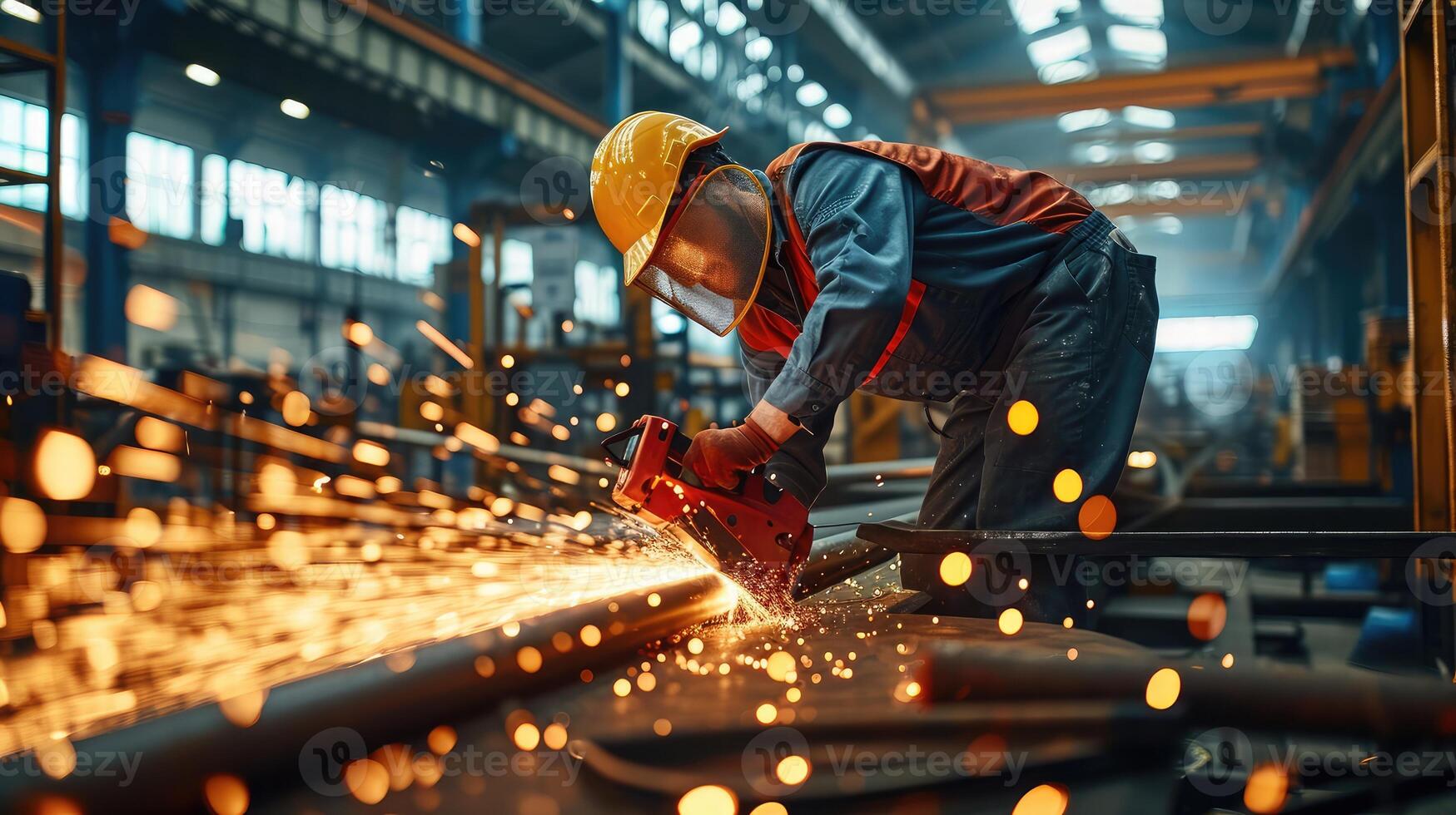 ai gerado pesado indústria Engenharia fábrica interior com industrial trabalhador usando ângulo moedor e corte uma metal tubo. foto