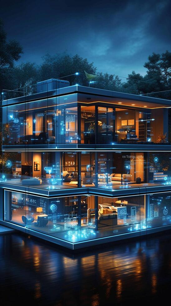 ai gerado inteligente vivo espaço futurista casa com digital navegação interface vertical Móvel papel de parede foto
