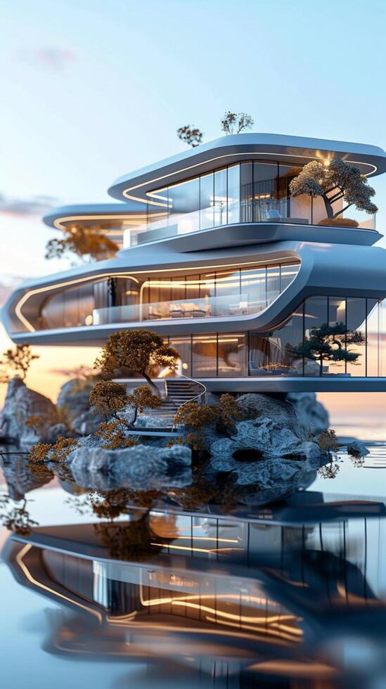 ai gerado foto corte Beira arquitetura contemporâneo casa modelo com futurista fascinar vertical Móvel papel de parede