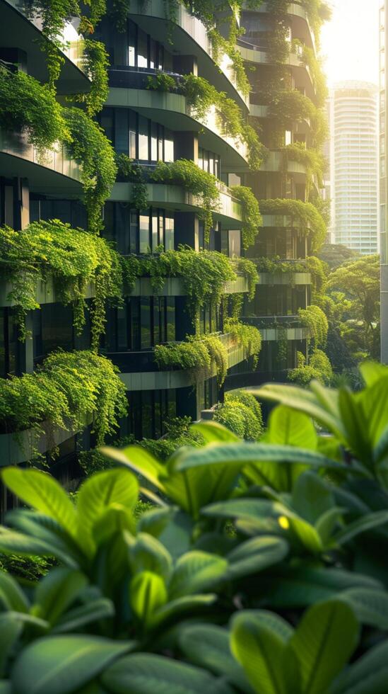 ai gerado naturezas toque dentro a cidade lindo verde plantas florescer centro da cidade vertical Móvel papel de parede foto