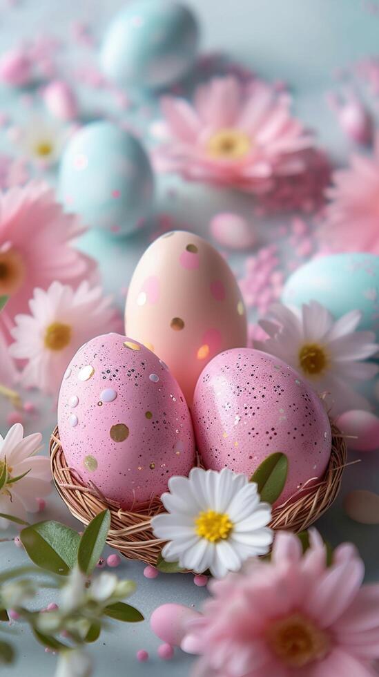 ai gerado alegre Primavera celebração Páscoa ovos trazer alegria dentro pastel tons vertical Móvel papel de parede foto
