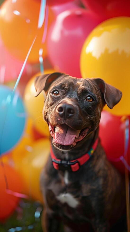 ai gerado festa filhote cachorro senta no meio vibrante balões e festivo decoração vertical Móvel papel de parede foto