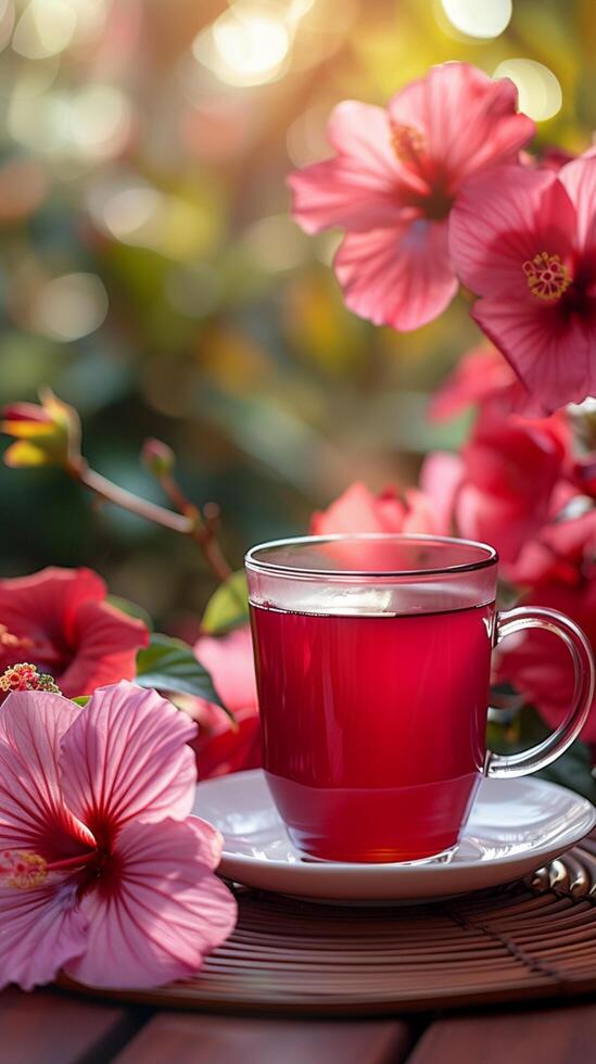 ai gerado caloroso bebida cena quente hibisco chá servido no meio floral pano de fundo vertical Móvel papel de parede foto