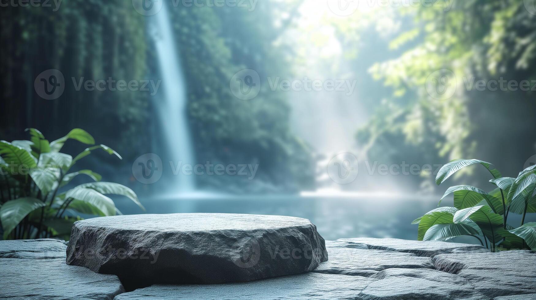 ai gerado em branco produtos pódio a partir de Rocha. cilindro ficar de pé conceito. borrado bali natureza com cascata fundo, beleza cuidados com a pele, tecnologia produtos mostrar. foto