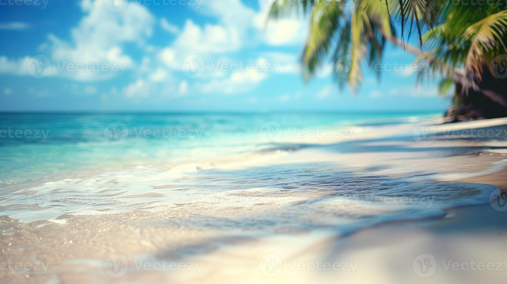 ai gerado borrado de praia cena fundo. dourado areia, turquesa água, e uma suave nuvens céu, emoldurado de a recortado frondes do a pendendo Palma árvore. foto