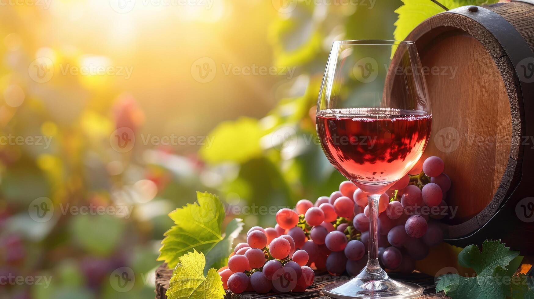 ai gerado vidro do vinho com uvas e barril em uma ensolarado fundo foto