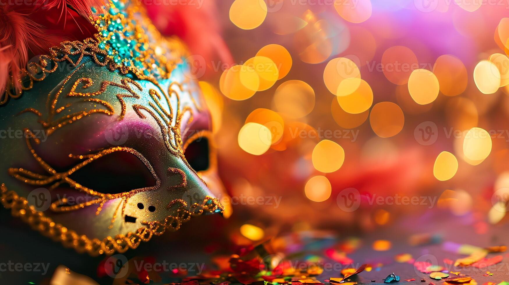 ai gerado carnaval mascarada parada mascarar em uma borrado Sombrio azul fundo com colori fitas e confete. cópia de espaço. para veneziano traje festival celebração, convite, promoção. foto