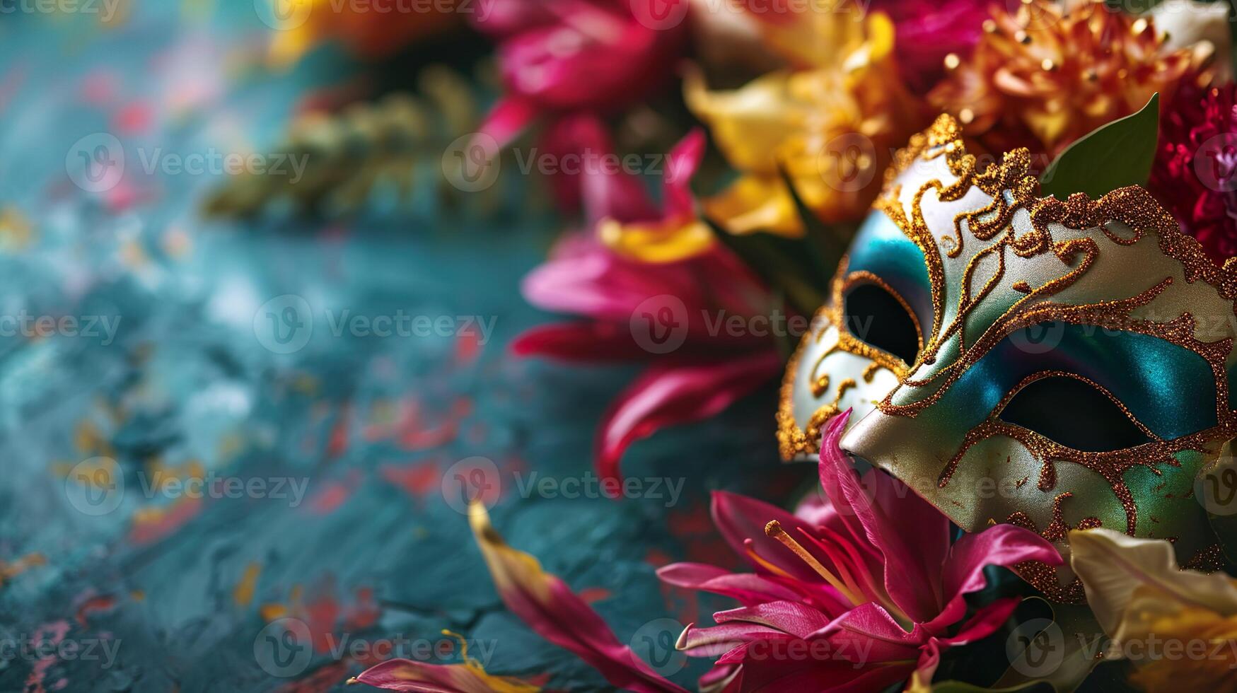 ai gerado dourado carnaval mascarada parada mascarar em borrado bokeh luzes fundo com colorida flores cópia de espaço. para veneziano traje festival celebração, convite, promoção. foto